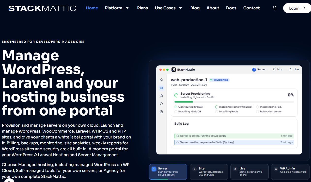 StackMattic home page showing the server provisioning dashboard