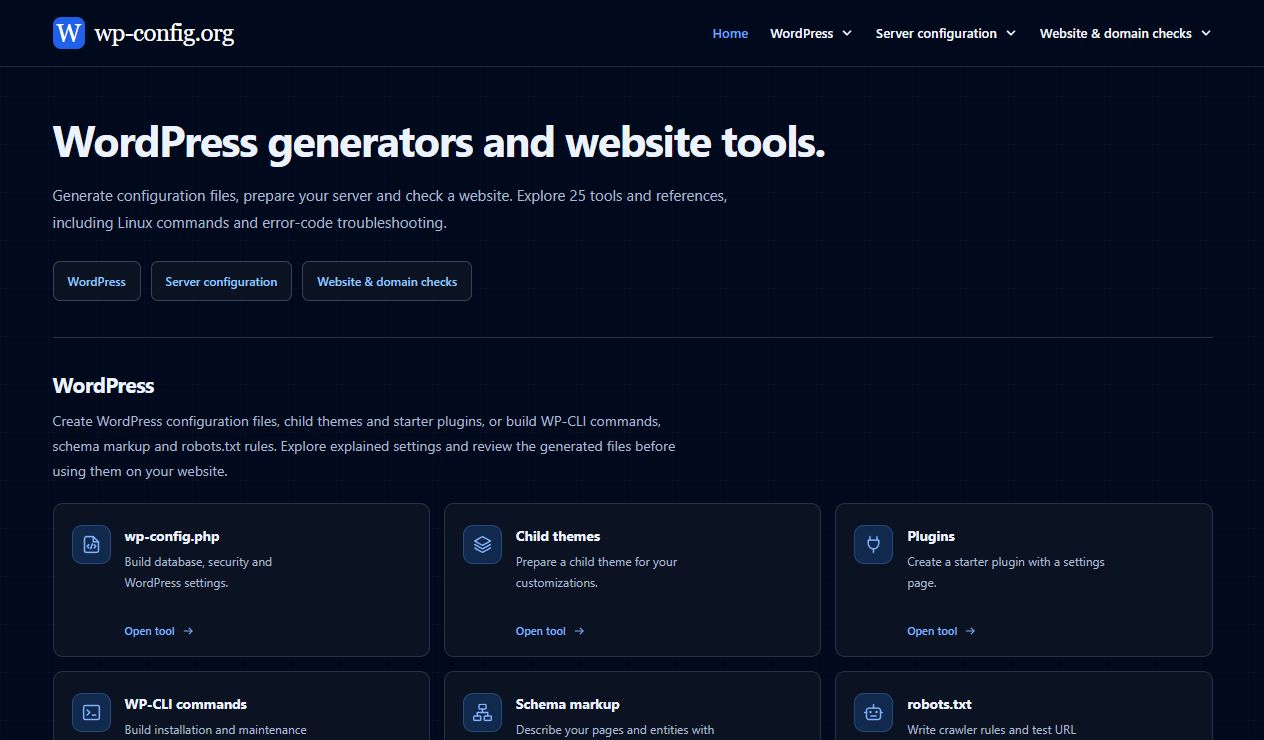 wp-config.org home page listing WordPress generators and website tools